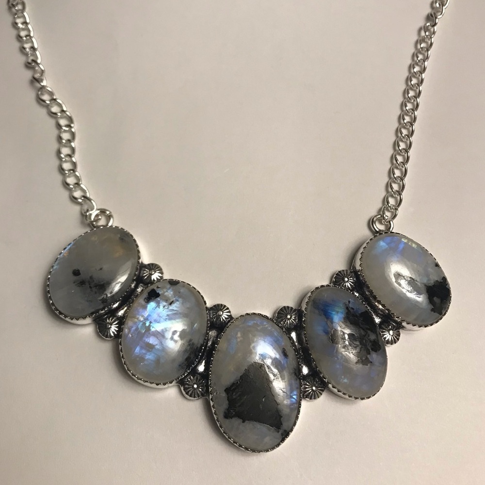 Rainbow Fire Moonstone Stamped 925 Sterling Silver Necklace